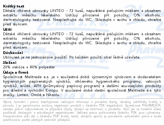 LINTEO BABY Vlhčené ubrousky s měsíčkem lék.72ks