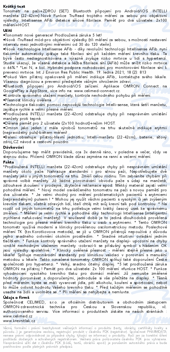 Tonometr digi.OMRON M7 Intelli IT AFib pažní+zdroj