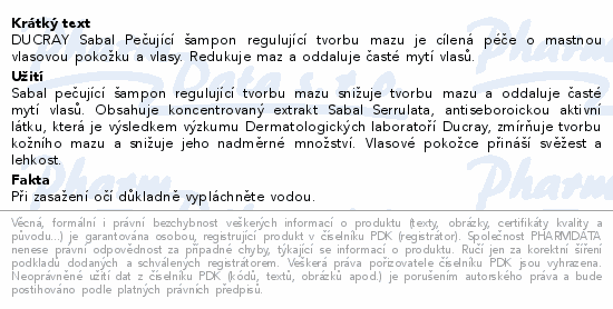 DUCRAY Sabal Šampon regulující tvorbu mazu 200ml
